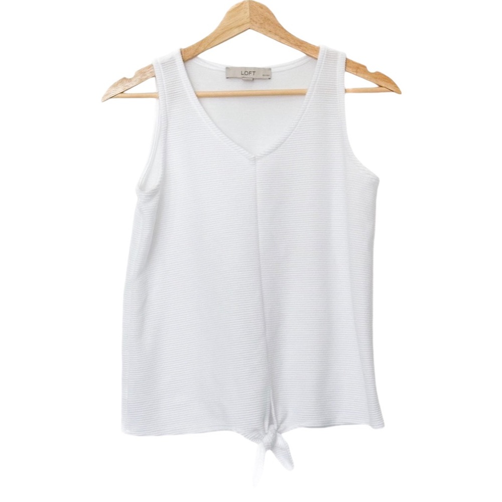 LOFT White Ribbed Tank Top Tied Sleeveless Textured Tee Blouse V-Neck — Size SP